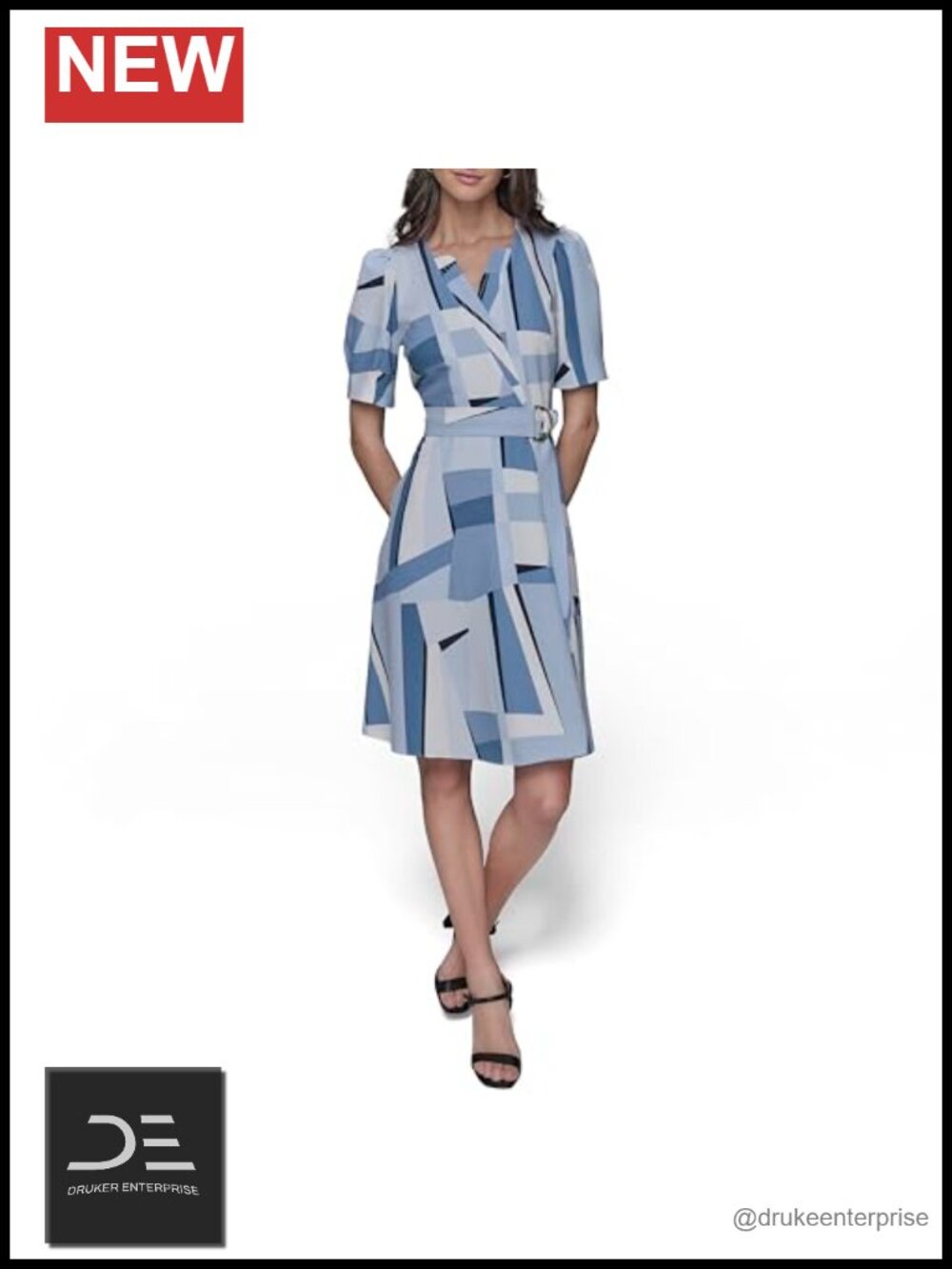Women's Belted V Neck Short Sleeve Midi Dress